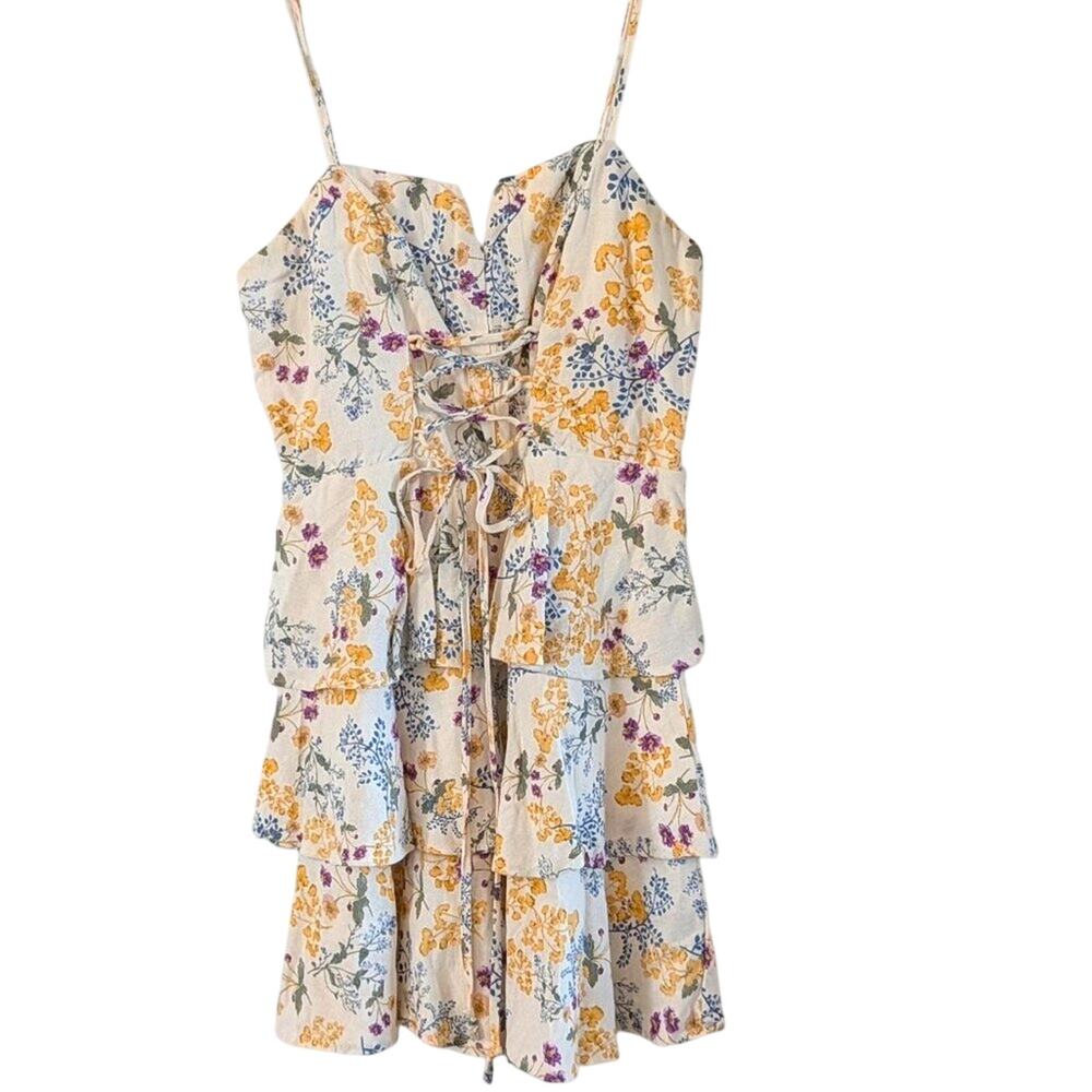 Floral Linen Blend Corset Mini Dress Large Lace Up Tiered Cottagecore